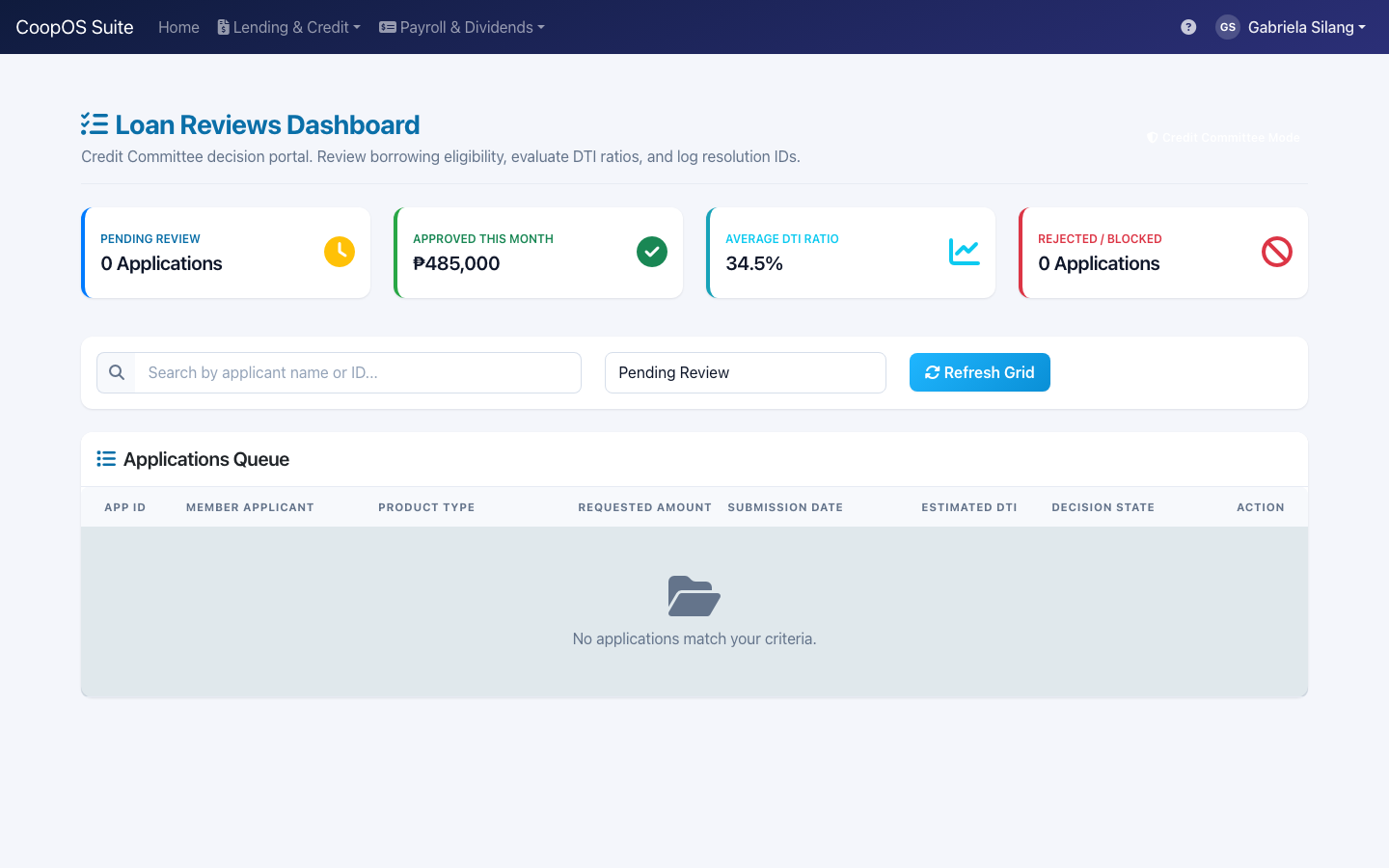CoopOS loan applications review dashboard for the Credit Committee